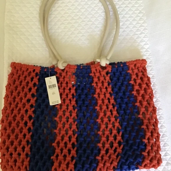 Clare V. Sandy Tote Cobalt & Bright Poppy Stripe NWT - Picture 13 of 15